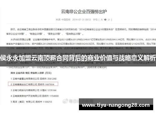 侯永永加盟云南顶薪合同背后的商业价值与战略意义解析